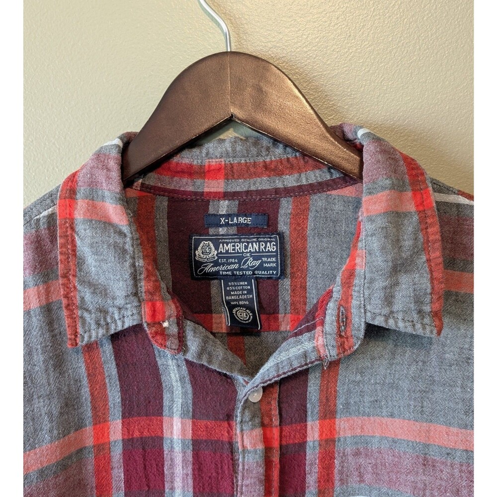 American Rag Mens XL Plaid Linen Blend Long Sleeve Button Up Shirt Red Grey